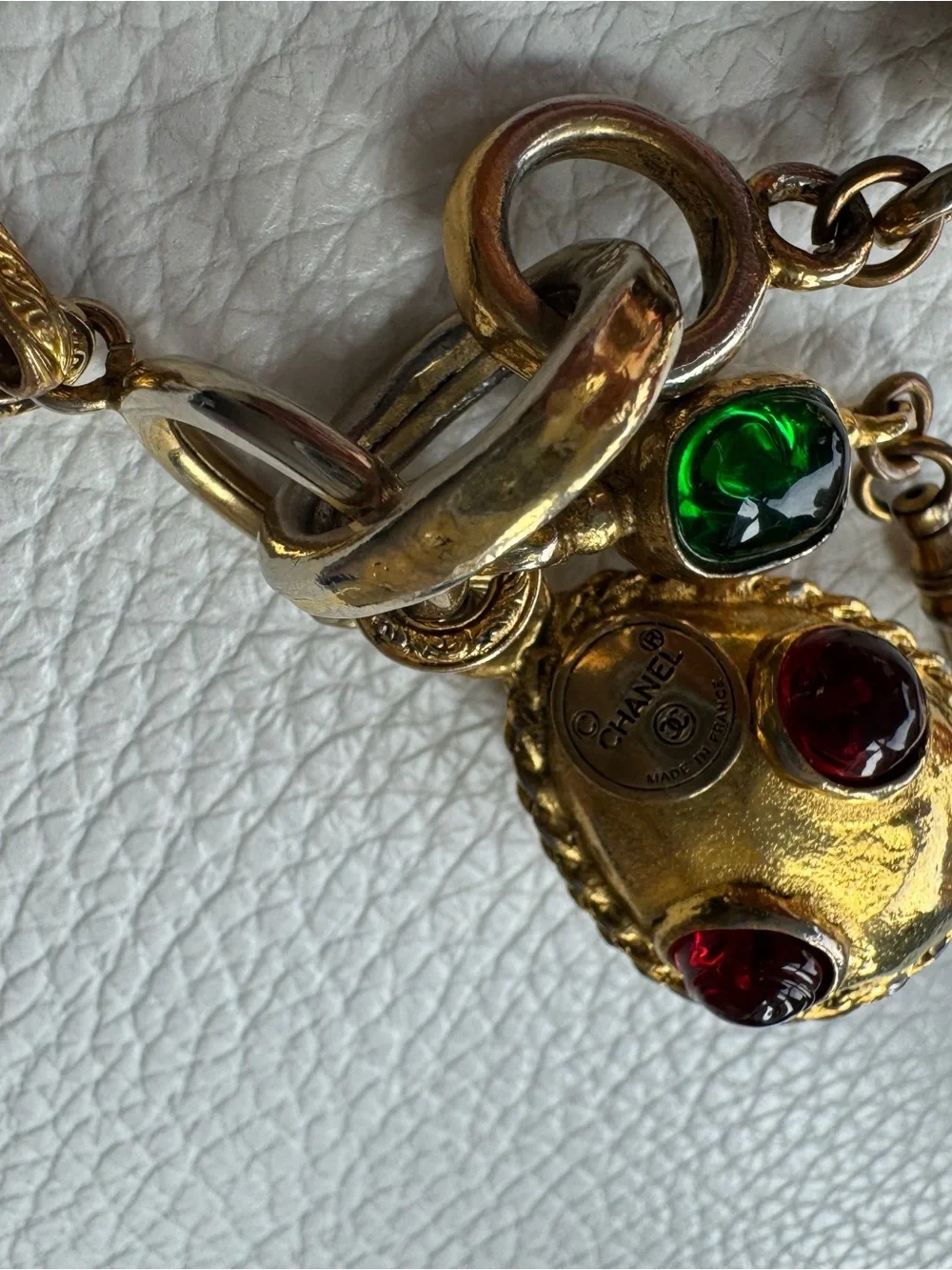 Chanel 24K Gold Plated Gripoix Fidget Multi-Pendant Necklace w/ Unique chain COA